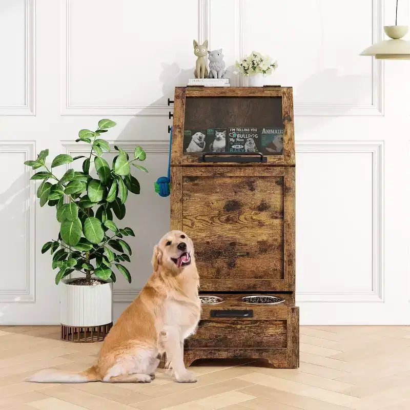 Dog Feeding Station with Raised Bowls, Storage Cabinet & Hooks for Supplies, Brown