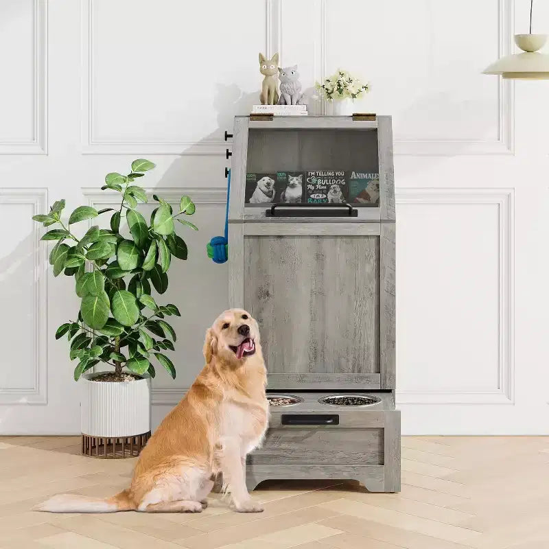 Station d'alimentation pour chien avec gamelles surélevées, meuble de rangement et crochets pour accessoires, marron