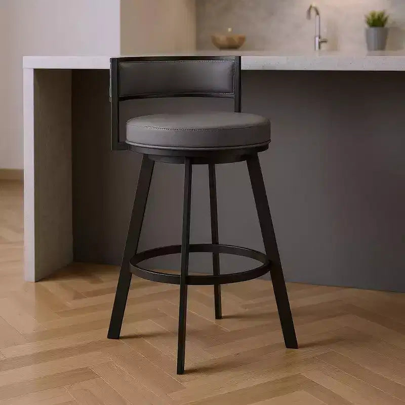 26 tabourets de bar pivotants mi-hauteur en similicuir gris et noir et fer à dossier bas