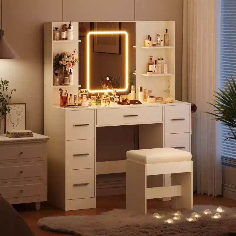 Coiffeuse avec miroir, Coiffeuse avec prise de courant, Support pour sèche-cheveux, Table de toilette avec tiroirs pour chambre à coucher