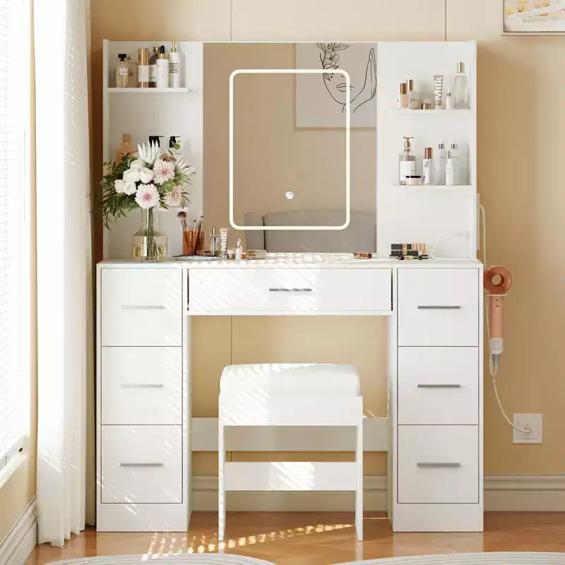 Coiffeuse avec miroir, Coiffeuse avec prise de courant, Support pour sèche-cheveux, Table de toilette avec tiroirs pour chambre à coucher
