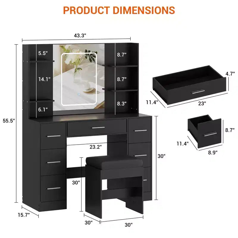 Coiffeuse avec miroir, Coiffeuse avec prise de courant, Support pour sèche-cheveux, Table de toilette avec tiroirs pour chambre à coucher