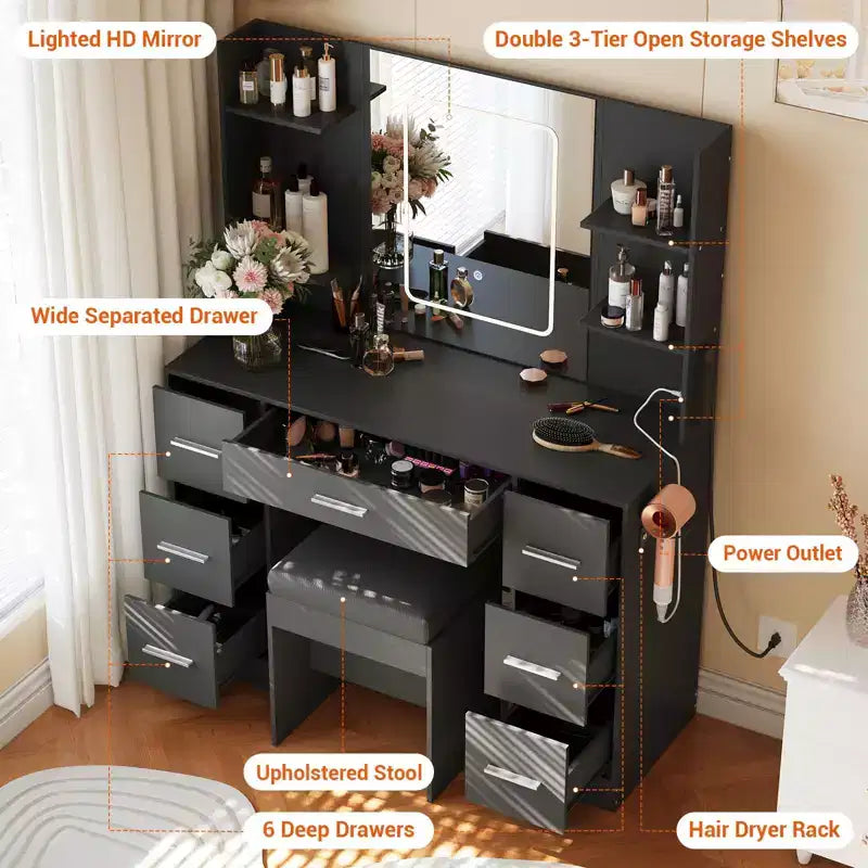 Coiffeuse avec miroir, Coiffeuse avec prise de courant, Support pour sèche-cheveux, Table de toilette avec tiroirs pour chambre à coucher