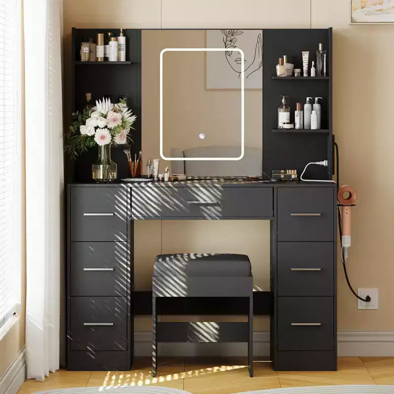Coiffeuse avec miroir, Coiffeuse avec prise de courant, Support pour sèche-cheveux, Table de toilette avec tiroirs pour chambre à coucher