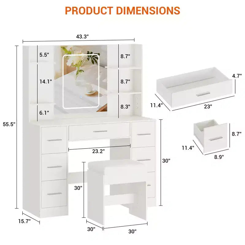 Coiffeuse avec miroir, Coiffeuse avec prise de courant, Support pour sèche-cheveux, Table de toilette avec tiroirs pour chambre à coucher