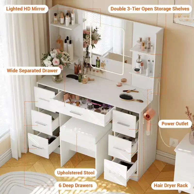 Coiffeuse avec miroir, Coiffeuse avec prise de courant, Support pour sèche-cheveux, Table de toilette avec tiroirs pour chambre à coucher