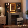Makeup Vanity with Mirror, Vanity Desk with Power Outlet, Hairdryer Holder, Dressing Table with Drawers for Bedroom