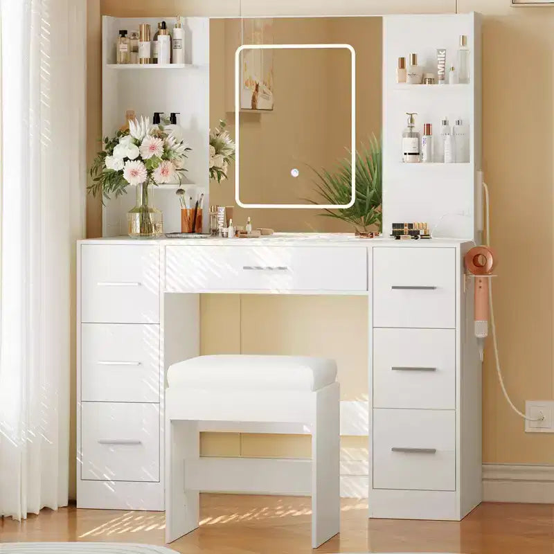 Coiffeuse avec miroir, Coiffeuse avec prise de courant, Support pour sèche-cheveux, Table de toilette avec tiroirs pour chambre à coucher