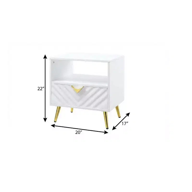 Table d'appoint rectangulaire de 22 po en bois manufacturé blanc et métal avec tiroir et étagère